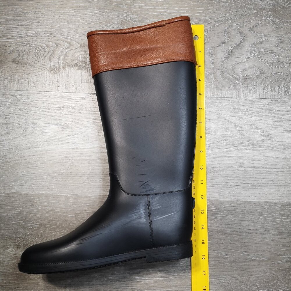 Dirty Laundry Ladies Size 9 / 40 Black & Tan Rubber Boots w/ Faux Leather Trim - Picture 8 of 11